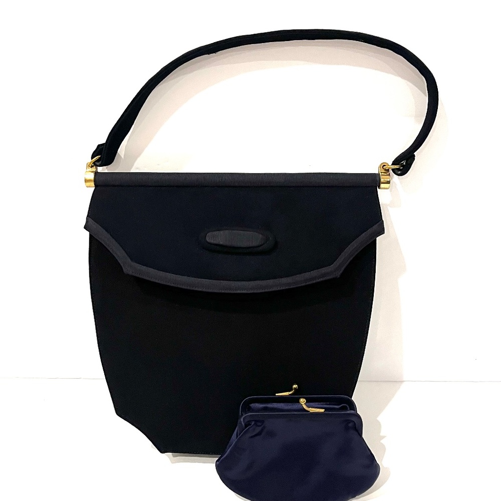 Vintage PALIZZIO Dark Blue Velvet Suede Handbag with Grosgrain Ribbon Trim